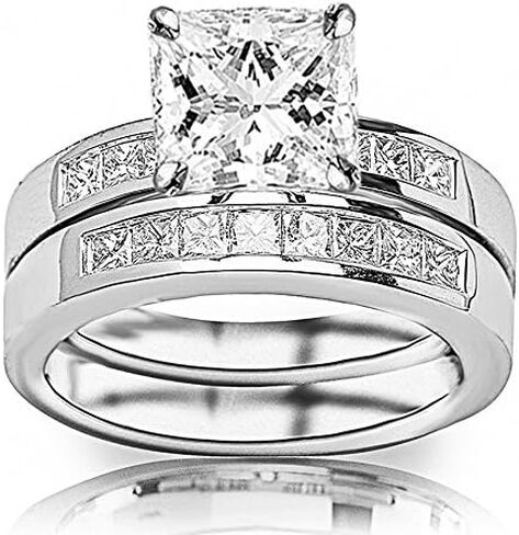 4 Carat Classic Lab Grown Synthetic Princess Channel Princess Wedding Bridal Set IGI Certified Diamond Engagement Ring (3 Ct, H-I Color, VS1-VS2 Clarity Center) in Saudi Arabia