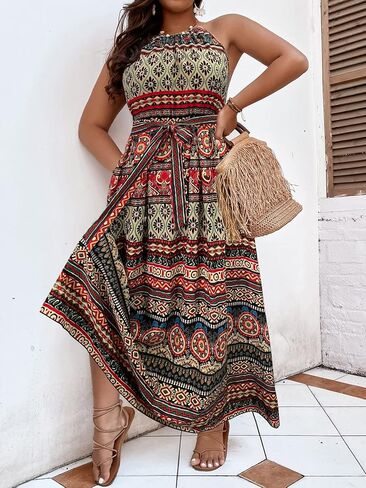فستان MakeMeChic نسائي مقاس كبير بوهو مزين برباط خلفي بدون أكمام عالي الخصر على شكل حرف A طويل مع حزام in Kuwait