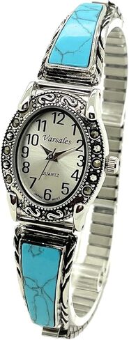 ساعة Varsales النسائية البيضاوية الأنيقة مع شريط مرن مطاطي مرصع بالأحجار من Marcasite in Kuwait