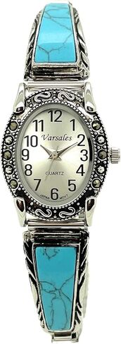 ساعة Varsales النسائية البيضاوية الأنيقة مع شريط مرن مطاطي مرصع بالأحجار من Marcasite in Kuwait