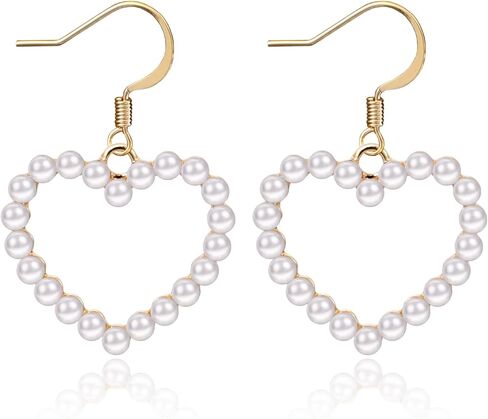 Pearl Heart Earrings Dangle for Women Girls Valentines Mother’s Day Christmas Drop Earrings Gold Gift Box Set Fashion Statement Jewelry in Kuwait