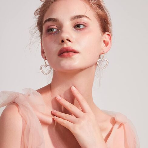 Pearl Heart Earrings Dangle for Women Girls Valentines Mother’s Day Christmas Drop Earrings Gold Gift Box Set Fashion Statement Jewelry in Kuwait