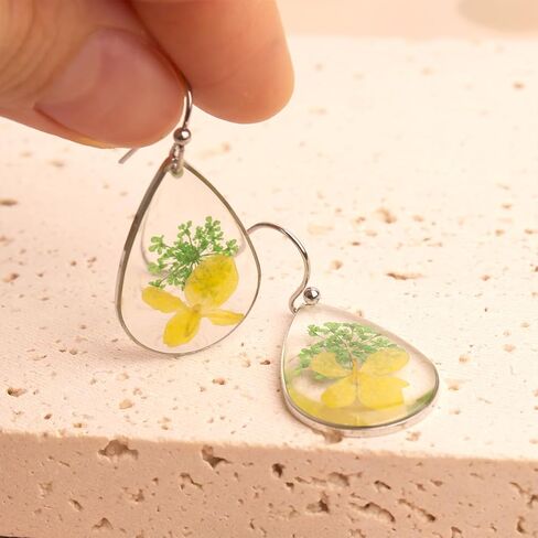JeanBeau Handmade Pressed Flower Earrings for Women Teen Girls – Unique Resin Dried Flowers Sterling Silver Teardrop Dangle Drop Nature Floral Earings Fashion Summer Jewelry Gift in Saudi Arabia