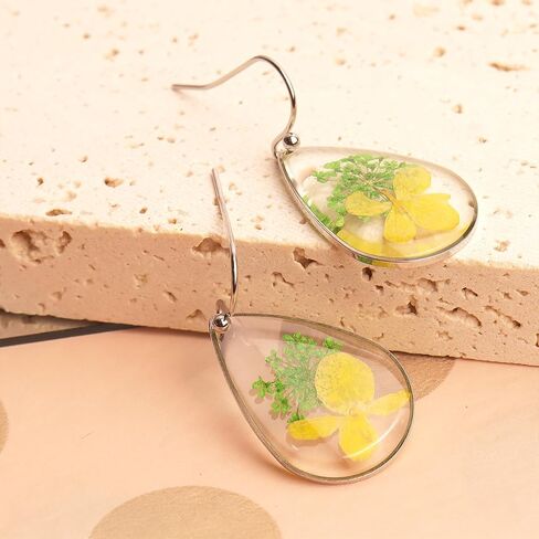 JeanBeau Handmade Pressed Flower Earrings for Women Teen Girls – Unique Resin Dried Flowers Sterling Silver Teardrop Dangle Drop Nature Floral Earings Fashion Summer Jewelry Gift in Saudi Arabia