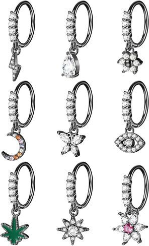 jerywe 9 قطع 20 جرام حلقات الأنف المتدلية الأطواق للنساء الرجال الجراحية الفولاذ المقاوم للصدأ الأنف الدائري العين الشريرة فراشة القمر نجمة زهرة ورقة تشيكوسلوفاكيا الأنف هوب الدائري الغضروف القرط المتدلية ثقب الأنف المجوهرات in Kuwait