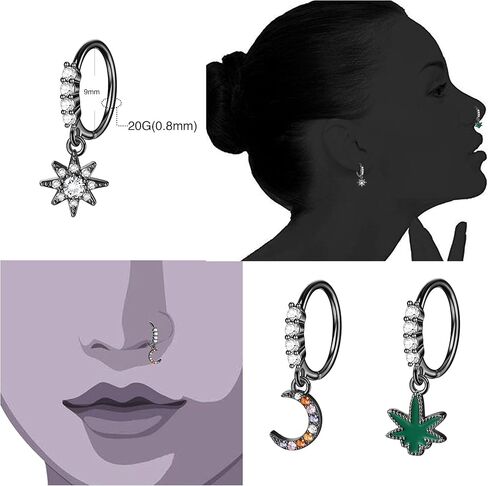 jerywe 9 قطع 20 جرام حلقات الأنف المتدلية الأطواق للنساء الرجال الجراحية الفولاذ المقاوم للصدأ الأنف الدائري العين الشريرة فراشة القمر نجمة زهرة ورقة تشيكوسلوفاكيا الأنف هوب الدائري الغضروف القرط المتدلية ثقب الأنف المجوهرات in Kuwait