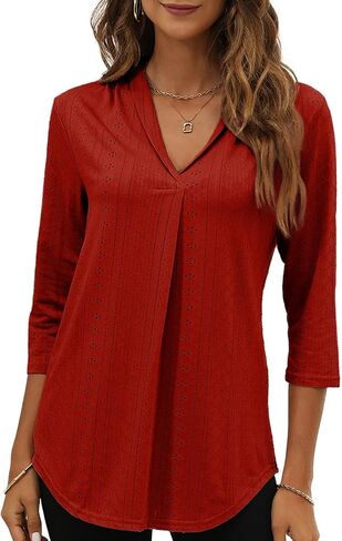 Womens 3/4 Sleeve Tops V Neck Tee Casual Eyelet Hollow Shirts in Kuwait