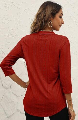 Womens 3/4 Sleeve Tops V Neck Tee Casual Eyelet Hollow Shirts in Kuwait