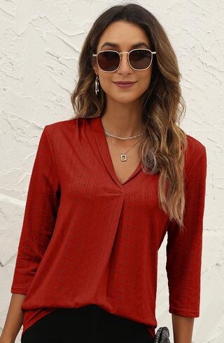 Womens 3/4 Sleeve Tops V Neck Tee Casual Eyelet Hollow Shirts in Kuwait