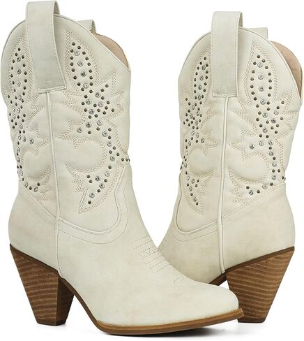 WIRALOMI Women Western Cowboy Mid Calf Boots Rhinestones Round Toe Stacked Heel Embroidered Cowgirl Boots in Kuwait