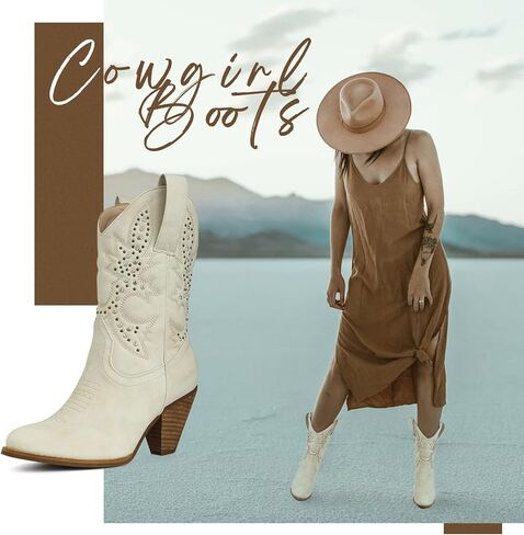 WIRALOMI Women Western Cowboy Mid Calf Boots Rhinestones Round Toe Stacked Heel Embroidered Cowgirl Boots in Kuwait