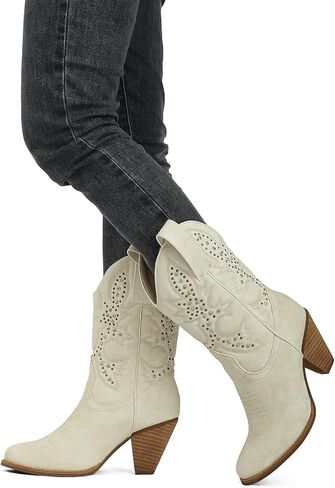WIRALOMI Women Western Cowboy Mid Calf Boots Rhinestones Round Toe Stacked Heel Embroidered Cowgirl Boots in Kuwait