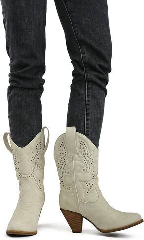 WIRALOMI Women Western Cowboy Mid Calf Boots Rhinestones Round Toe Stacked Heel Embroidered Cowgirl Boots in Kuwait