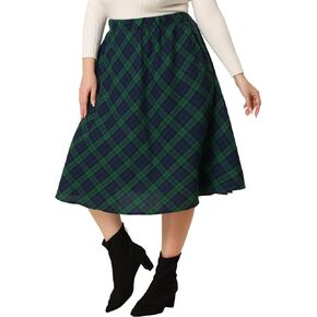 Agnes Orinda Plus Size Vintage Skirt for Women 2024 A-line Plaid Printed Flare Elastic High Waist Midi Skirts