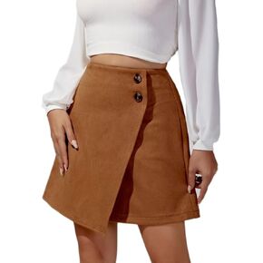 Women's Faux Suede Side Split Button Hip Wrap Skirt Back Zipper Mini Bodycon Skirt