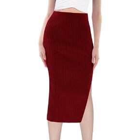 v28 Women Side Split Midi High Waisted Stretchy Ribbed Bodycon Casual Knit Pencil Skirt