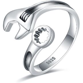 JZWUYAN Silver Biker Spanner Wrench Ring - 925 Sterling Silver Adjustable Mechanic Wrench Tool Ring for Men, Vintage Oxidized Spanner Rings Jewelry Gifts for Women