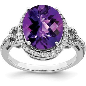 Solid 925 Sterling Silver Checkerboard Cut Amethyst Purple February Gemstone and Diamond Engagement Ring (.226 cttw.)