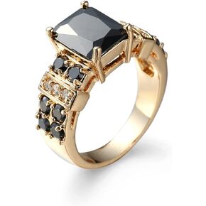 Yellow Gold Plated Black Cubic Zirconia Cocktail Promise Rings for Women,Emerald Cut & Round Cut Black Onyx Artificial Gem Trendy Statement Rings (US Size 6)