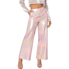 WDIRARA Women's High Waist Holographic Party Club Legging Trousers Night Out Ombre Straight Leg Pants
