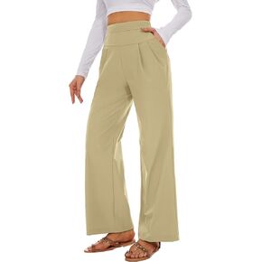 Women's Wide Leg Straight Long Pant Casual Pull On Business Work Trousers Stretch Pants