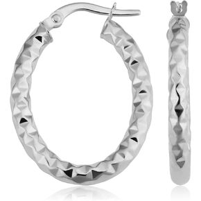 10k Yellow or White Gold Diamond-Cut Oval Hoop Earrings