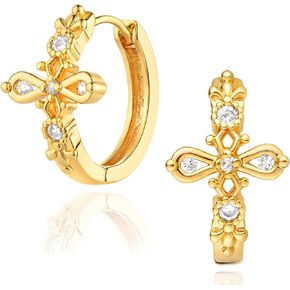 DREMMY STUDIOS Gold Dainty Huggie Hoop Earrings 18K Gold Plated Exquisite Open Tassel Dangle Charm Drop Sleeper Geometric Cross Coin Star Heart White CZ Simple Hypoallergenic Earrings for Women