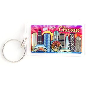 World By Shotglass Chicago Illinois Skyline Acrylic Rectangular Souvenir Keychain 2.25" X 1.25"