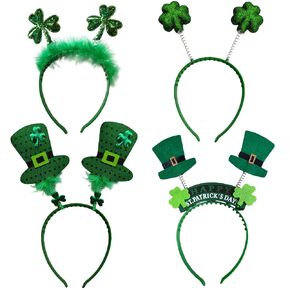 ZCMG St. Patrick's Day Headband Top Hat Hair Bands Clover Shamrock Hairband Women Green Leprechaun Irish Day Headpiece Carnival Hair Hoop Holiday Cosplay Costume Cute Handmade Hair Accessories 4 Pack