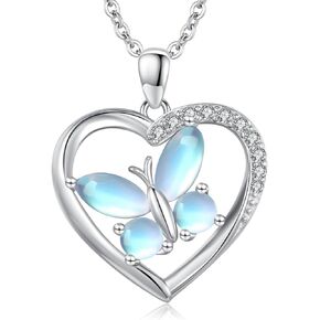 Butterfly Necklace for Women 925 Sterling Silver Butterfly Moonstone Heart Necklace Moonstone Butterfly Heart Jewelry Christmas Gifts for Women Girls