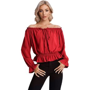 SweatyRocks Women's Elegant Long Sleeve Off Shoulder Top Tie Front Ruffle Hem Chiffon Blouse