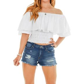 Hibluco Womens Off Shoulder Tops Ruffled Crop Top Smocked Waist Blouse Summer Tops