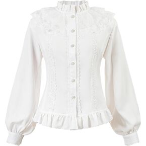CR ROLECOS Women Victorian Blouse High Collar Lace Ruffled Shirt Tops