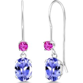 Gem Stone King 14K White Gold Blue Tanzanite and Pink Sapphire French Wire Dangle Earrings For Women (1.06 Cttw, Gemstone December Birthstone, Oval 6X4MM and Round 2.5MM)