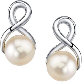 THE PEARL SOURCE 9-10mm Genuine White Freshwater Cultured Pearl Infinity Earrings for Women