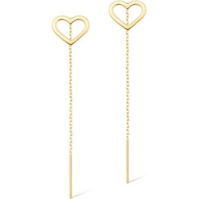 GELIN 14k Solid Gold Open Heart Drop Chain Threader Earrings for Women