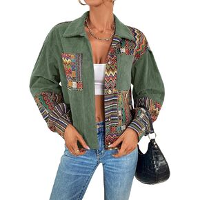 Floerns Women's Geo Print Drop Shoulder Corduroy Jacket Chevron Long Sleeve Single Breasted Coat with Pockets