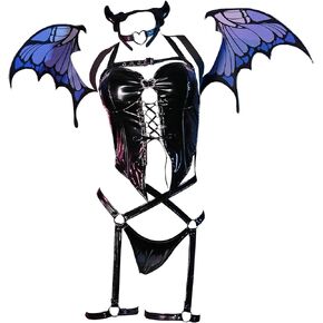 Mobbunny Little Devil Butterfly Cosplay Lingerie for Women Gothic Halter Lace-up Corset Top and Thong with Wings and Gloves