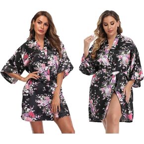Women's Short Floral satin Kimono Robe Blossom Bathrobe for Wedding Party Bridal Dressing Gown Sleepwear
