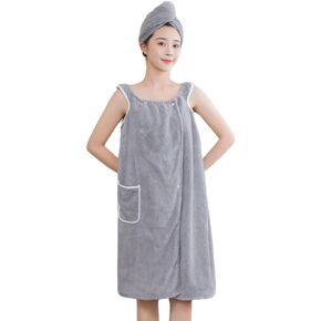 2PCS Women's Shower Wrap Robe +Hair Towel,Terry Cloth Spa Wraps Bath Towel Wrap Sets, Coral Velvet Bath Skirt Wrap Around Towel(Grey)