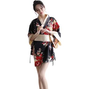 Womens Floral Kimono Bathrobe Mini Dress Nightgown Nightwear Japanese Short Yukata Sleepwear Outfit Belt Lingerie