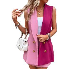 WDIRARA Women's 2 Piece Outfit Colorblock Shawl Collar Double Breasted Vest Blazer and Skirt Set