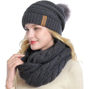 QUEENFUR Hat and Scarf Set for Women Thick Winter Cable Knit Beanie Scarf