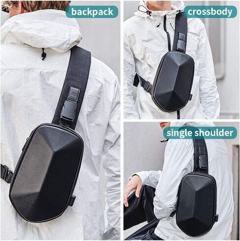 Anti-theft Polyhedral sling chest bag Waterproof Cross Body Backpack Lightweight Casual Daypack Cycling Shoulder Bag with USB Port for Men and Women-Black in Saudi Arabia