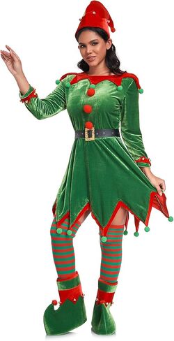 مجموعة أزياء WeGuard النسائية لعيد الميلاد على شكل قزم للبالغين مكونة من 6 قطع فستان مخملي، زي سانتا المساعد لحفلات عيد الميلاد in Kuwait