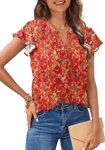 بلوزات عمل نسائية صيفية من SAMPEEL برقبة على شكل حرف V وأكمام قصيرة مكشكشة in Kuwait