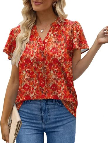 بلوزات عمل نسائية صيفية من SAMPEEL برقبة على شكل حرف V وأكمام قصيرة مكشكشة in Kuwait