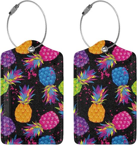 BLOCIT 2 عبوة من علامات الأمتعة مع غطاء للخصوصية - حلقة من الفولاذ المقاوم للصدأ، بطاقة عنوان - حقيبة سفر لطيفة لحقائب السفر للنساء والرجال والأطفال والبنات (الأناناس الملون) in Kuwait