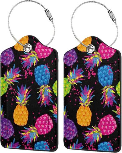 BLOCIT 2 عبوة من علامات الأمتعة مع غطاء للخصوصية - حلقة من الفولاذ المقاوم للصدأ، بطاقة عنوان - حقيبة سفر لطيفة لحقائب السفر للنساء والرجال والأطفال والبنات (الأناناس الملون) in Kuwait