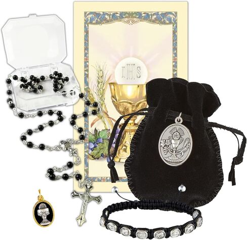 First Communion Gift Set with Black Rosary, Medal, Bracelet, Pouch, and Prayer Card, Thoughtful Catholic Gifts in Saudi Arabia